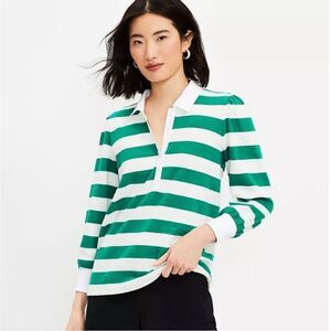 Loft Green White Striped Polo Shirt Modern Preppy Academia Coastal Work Office